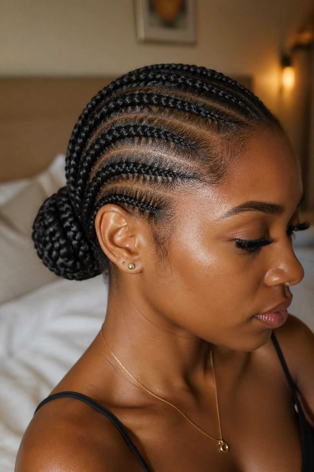 Close-up of a real person with cornrows forming a low bun at the nape.