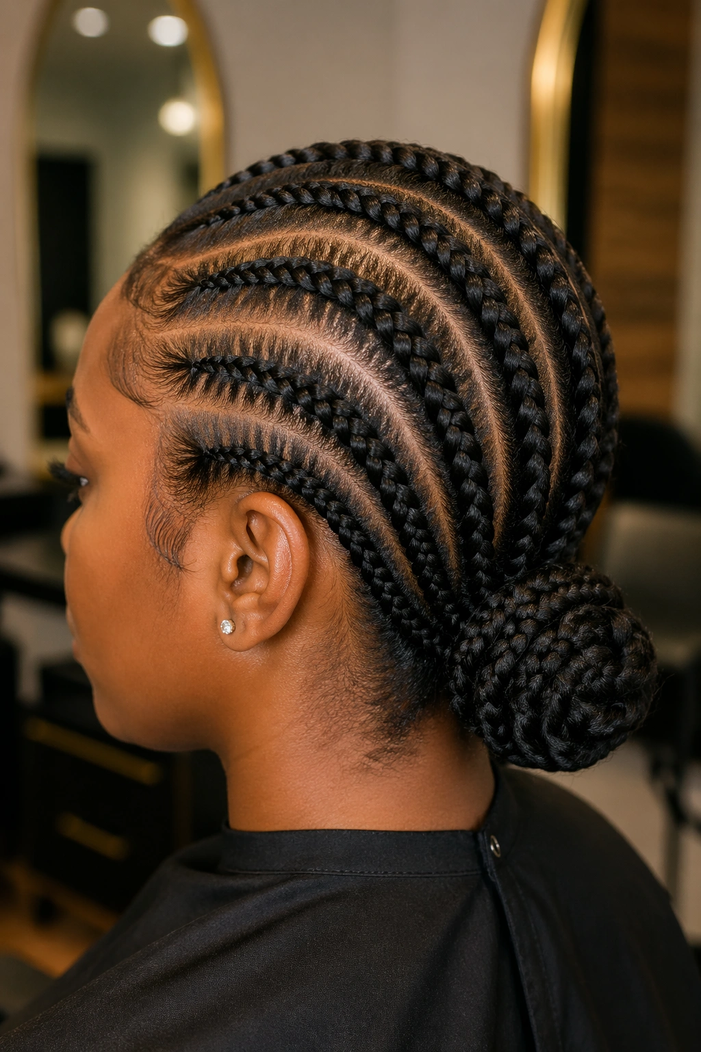 Close-up cornrows into a neat low bun in salon lighting