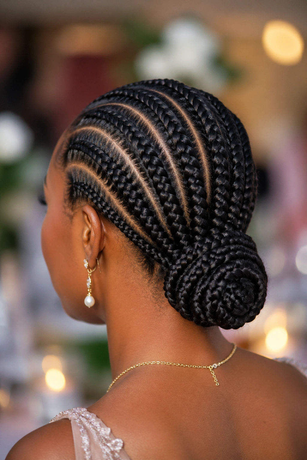 Back of head with a low bun formed by eight to ten stitch cornrows on a real woman