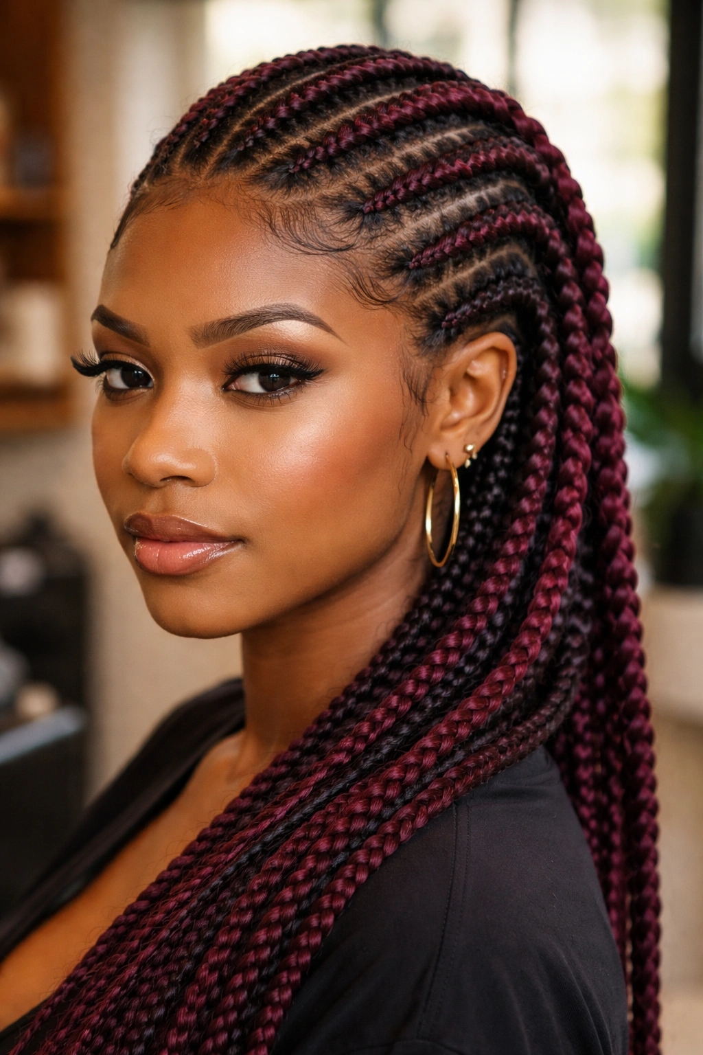 Close-up portrait of a real woman with two-tone burgundy and black cornrows in a warm salon