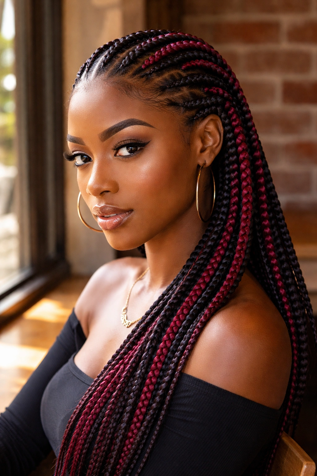Close-up of burgundy and black two-tone cornrows on a real person