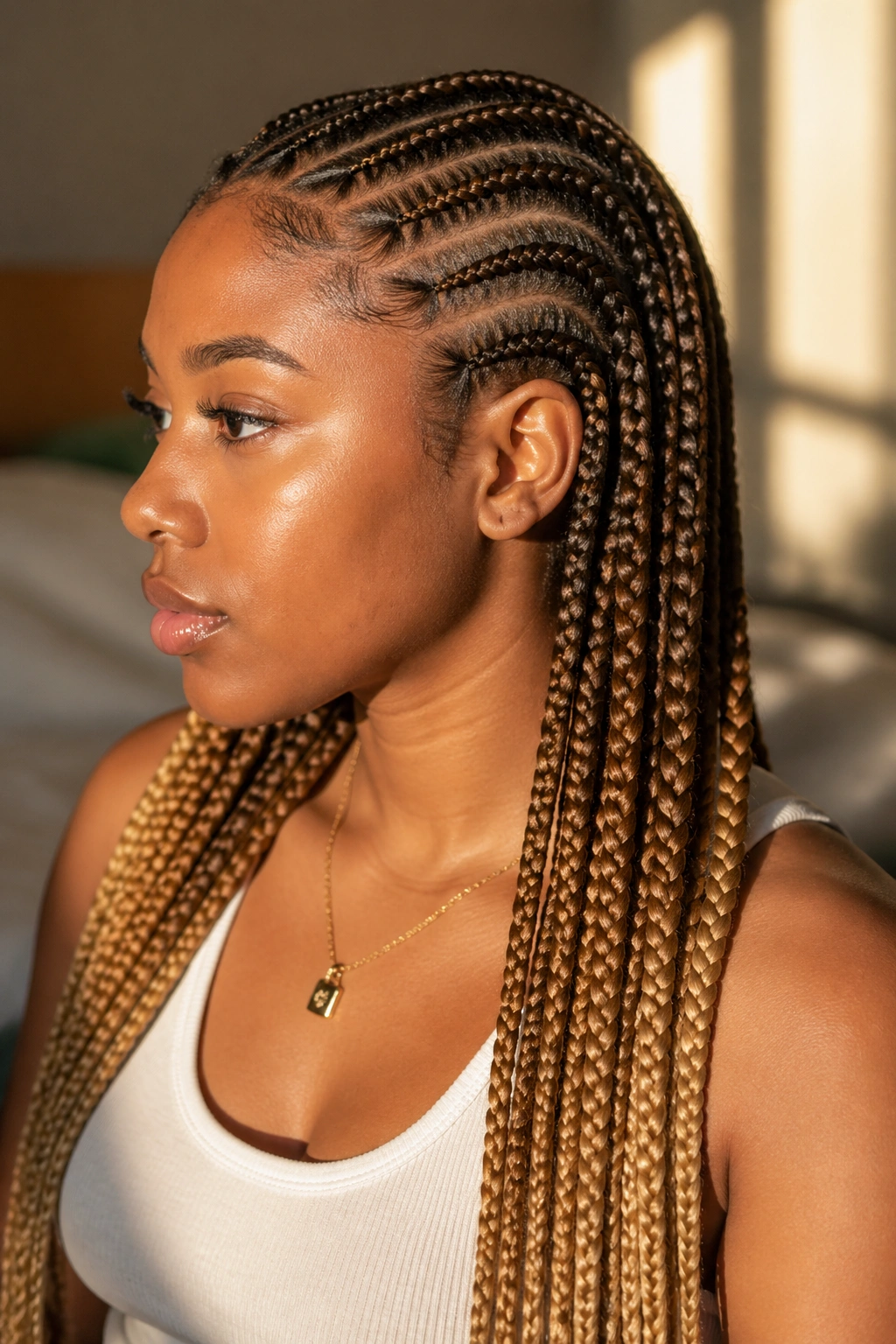 Close-up of caramel ombré cornrows with dark roots to honey tips on a real person.