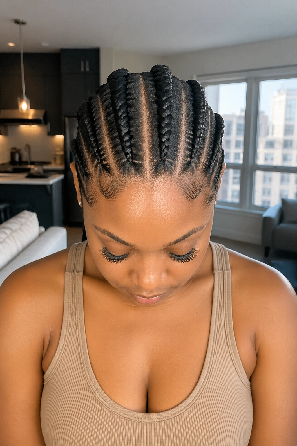 Close-up of a real person with six big cornrows centered part