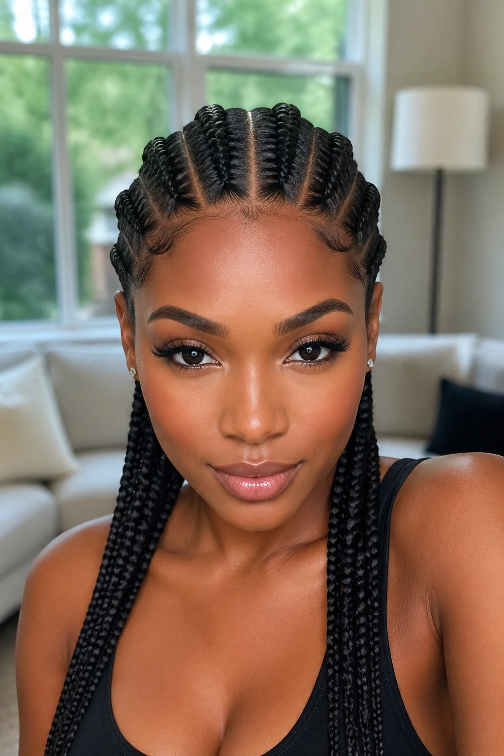 Close-up of a woman with a center-parted two-sided cornrow hairstyle