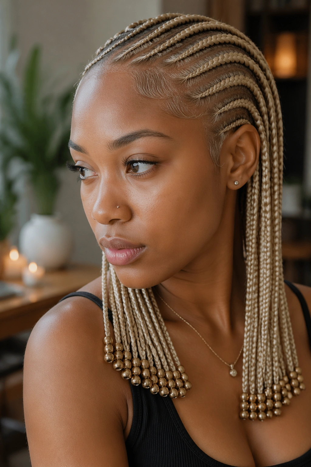 Close-up of a real person with champagne blonde cornrows ending in matte gold beads