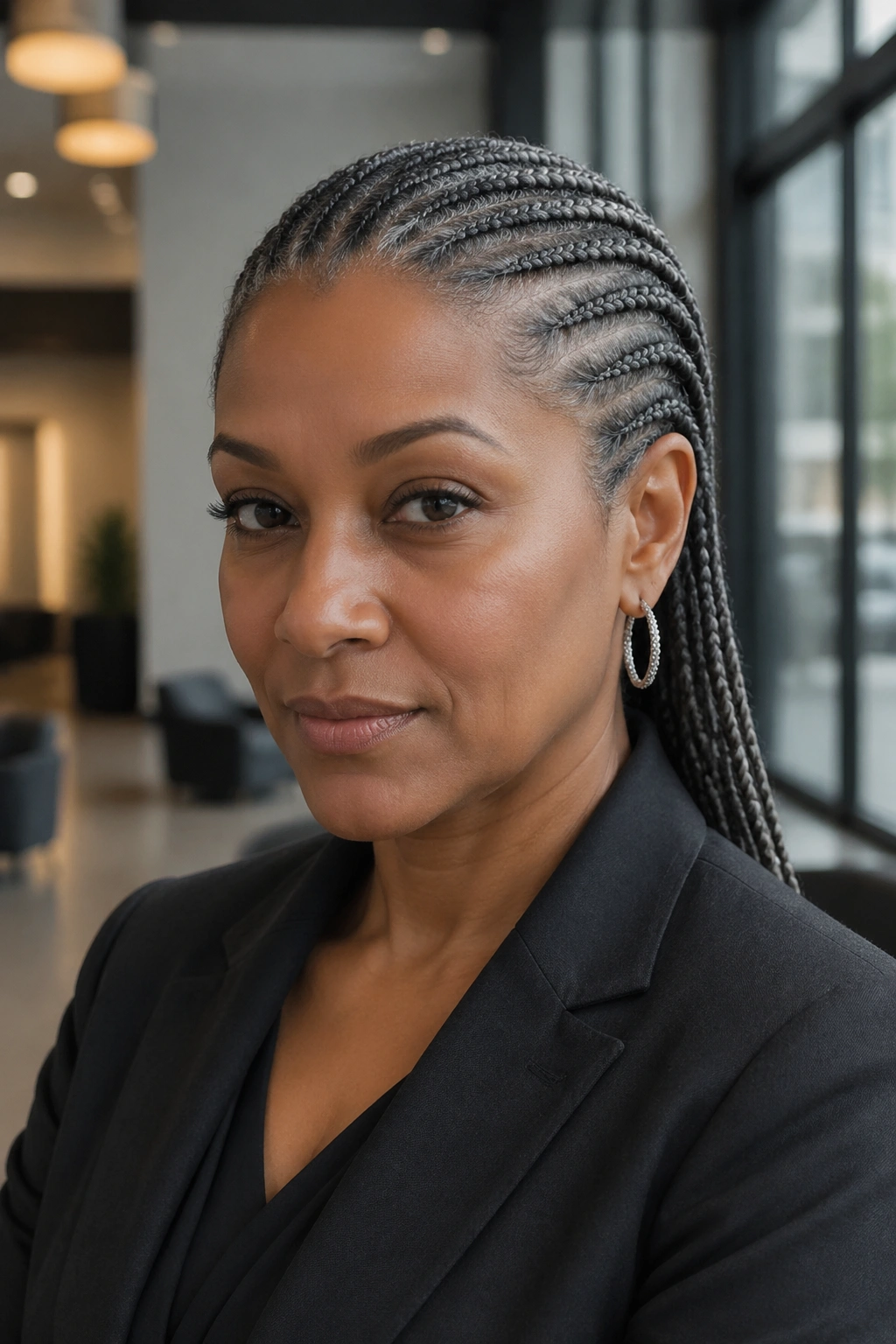 Close-up of a real woman with charcoal gray cornrows in a moody, professional look