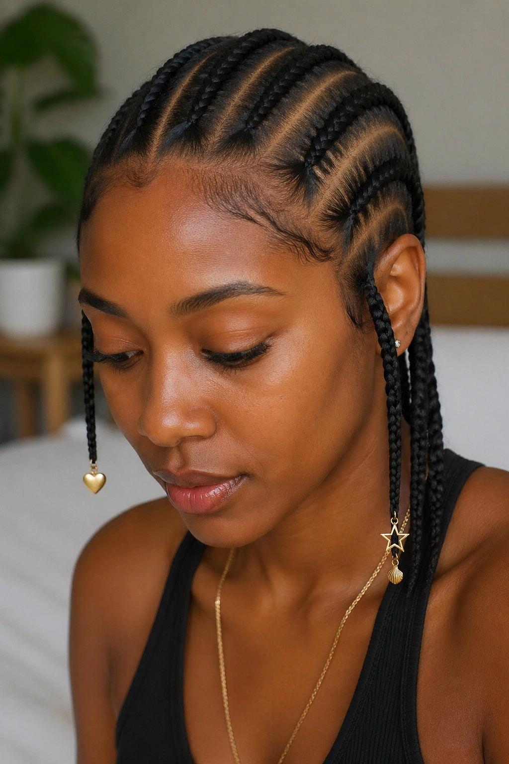 Close-up of cornrows with tiny charms on two braids