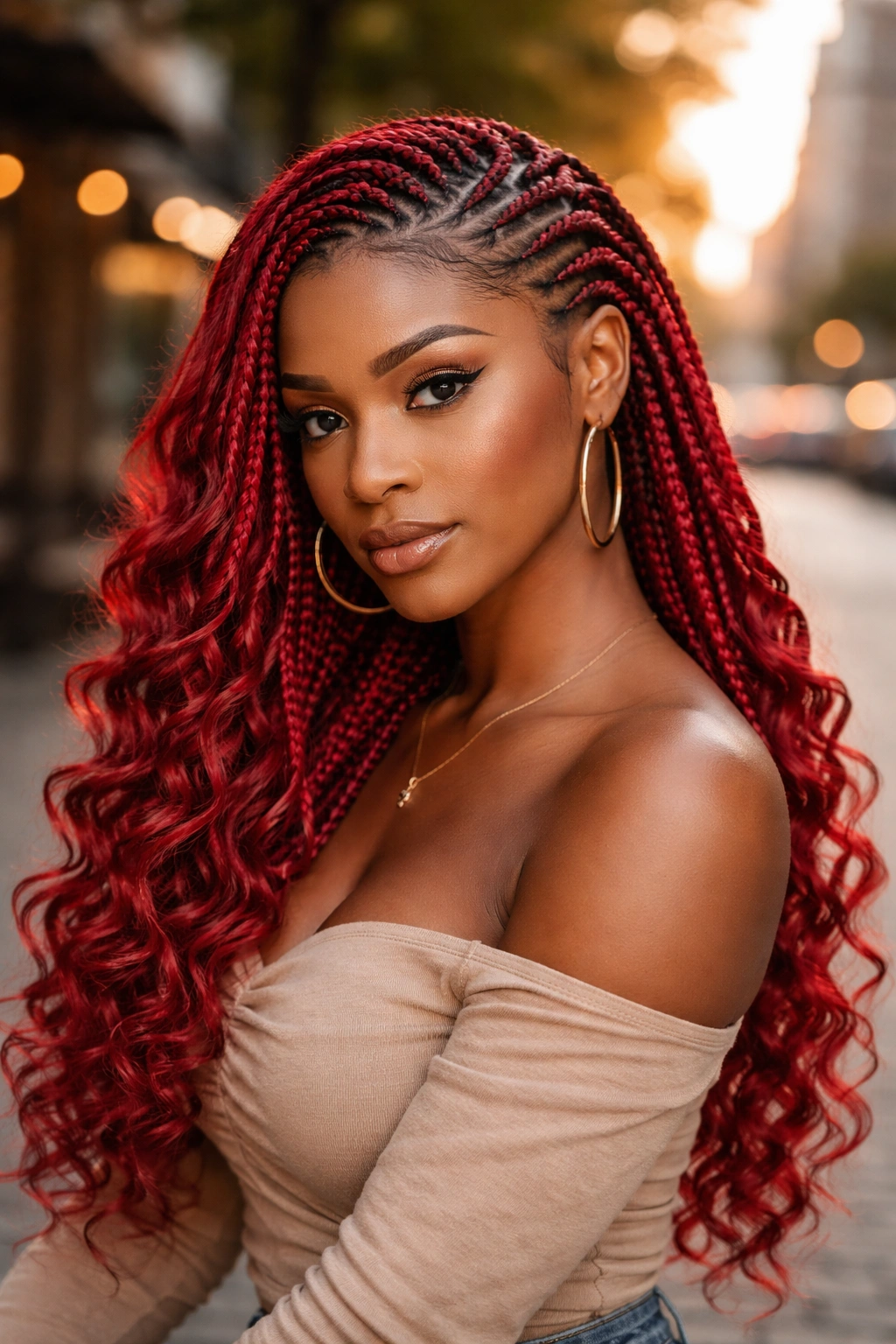 Close-up of cherry red lemonade cornrows with curls on a real person