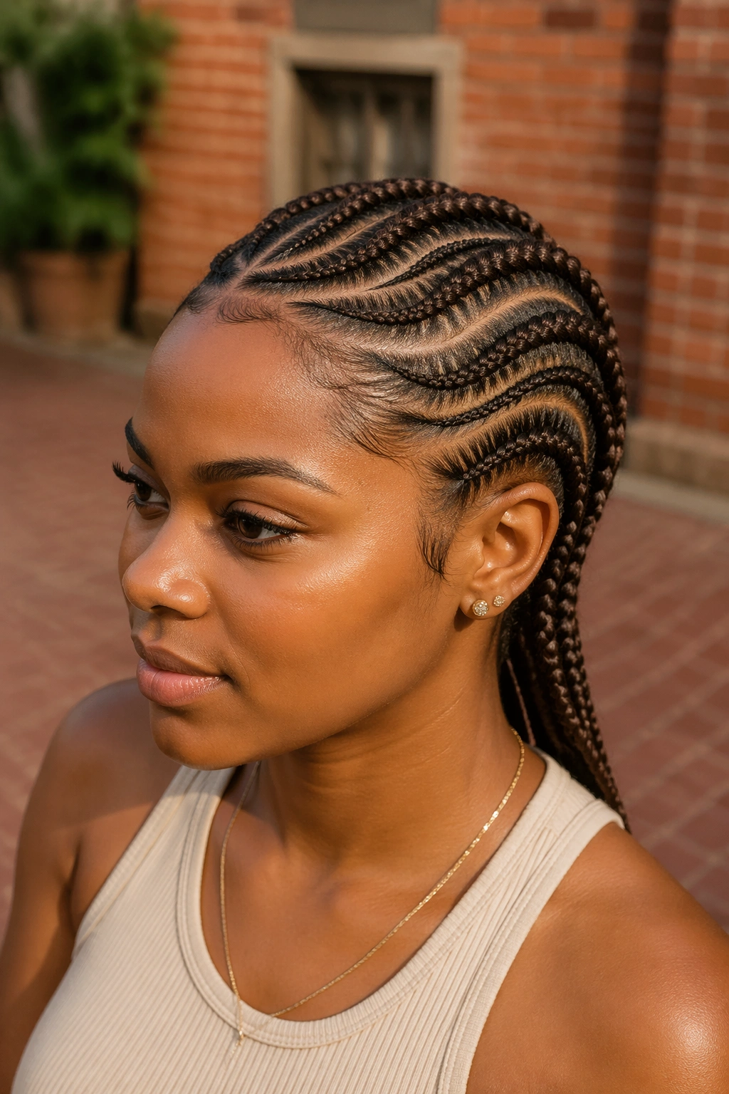 Close-up of a woman with chocolate brown cornrows under soft daylight