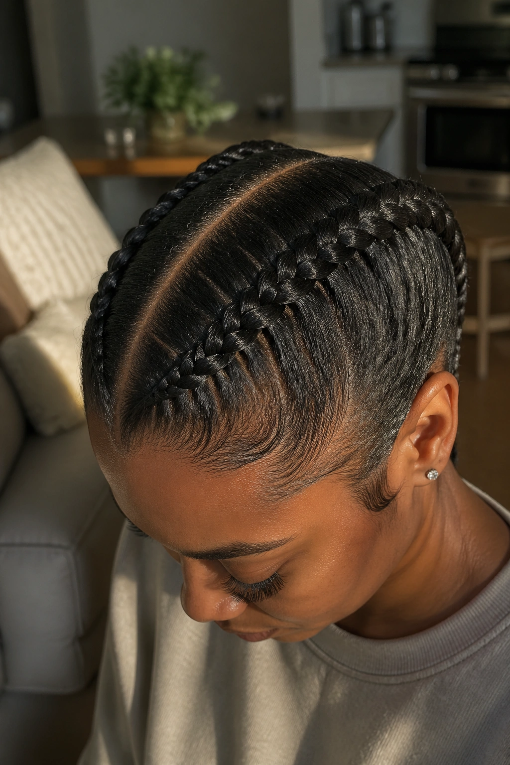 Real person with two chunky cornrows along a center part in a cozy room