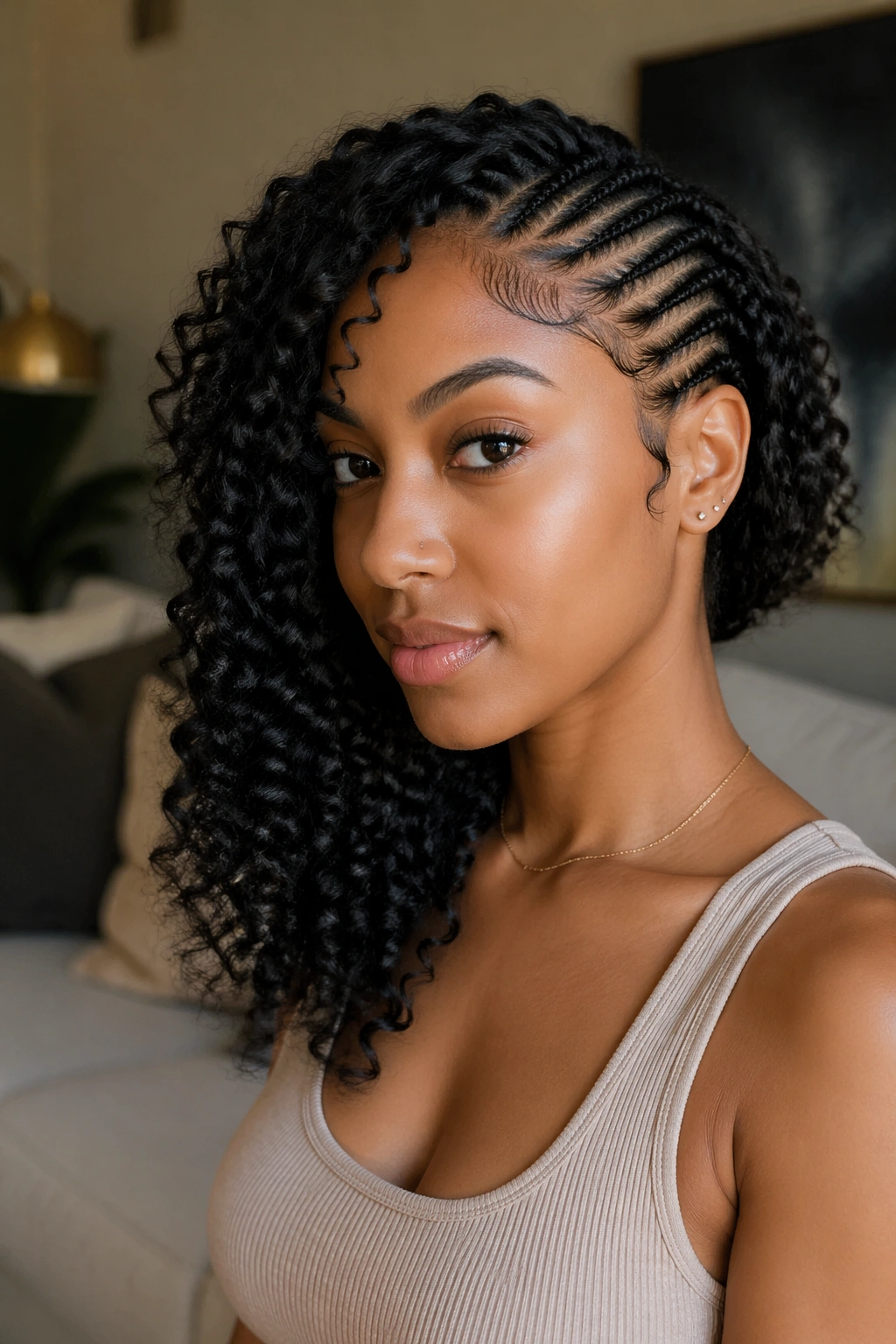 Close-up of a real woman showing a cornrow side and curly clip-in on the other side.
