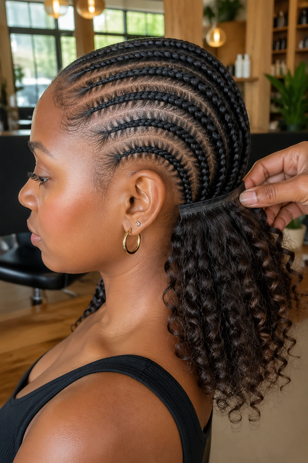 Real woman with cornrows and clip-in curly extensions visible at the nape in a salon.