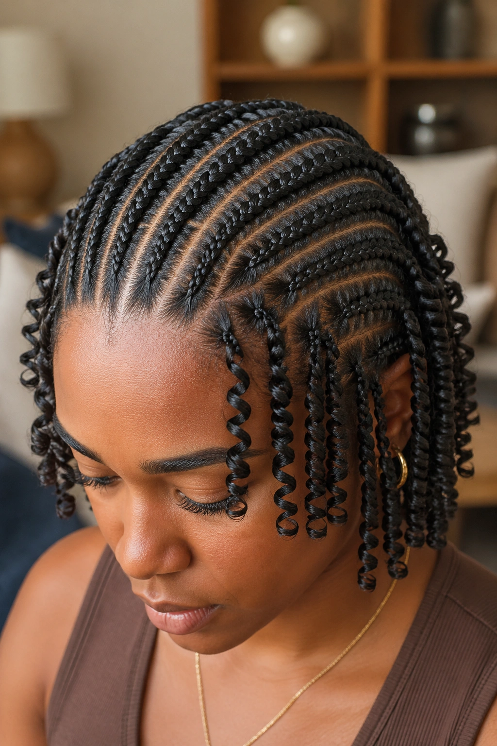 Cornrows with coiled tips on a real person
