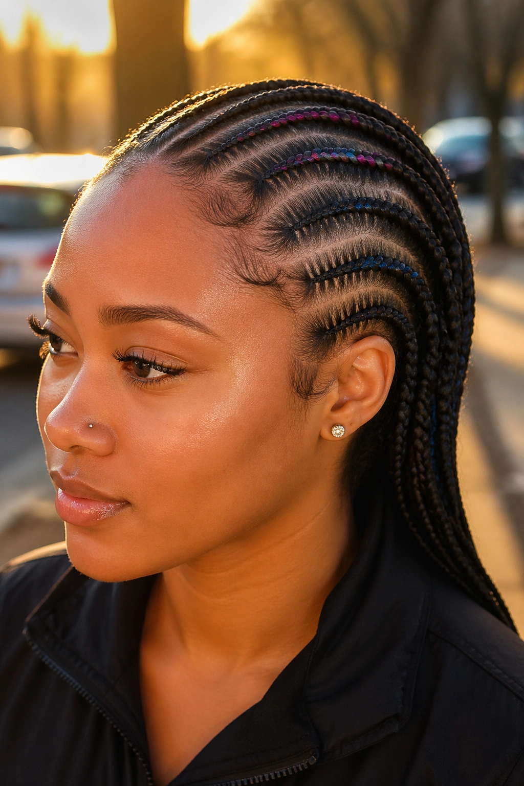Close-up of small cornrows with color accents woven into the braids.