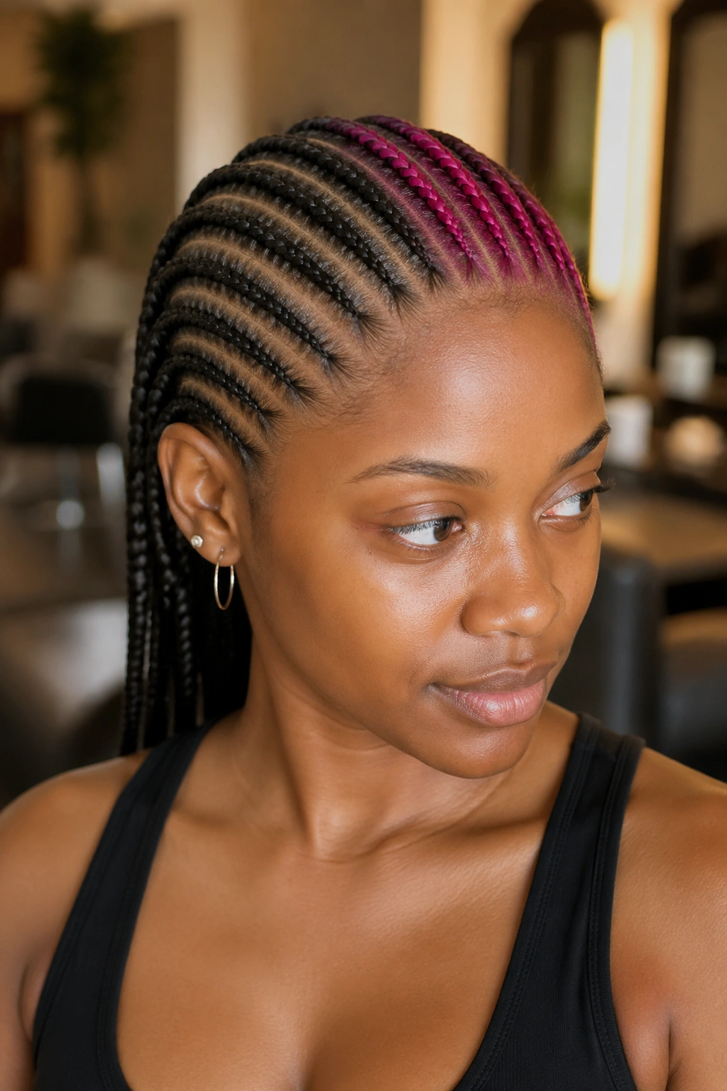 Close-up of straight-back cornrows with color block in natural and bold colors on a real woman