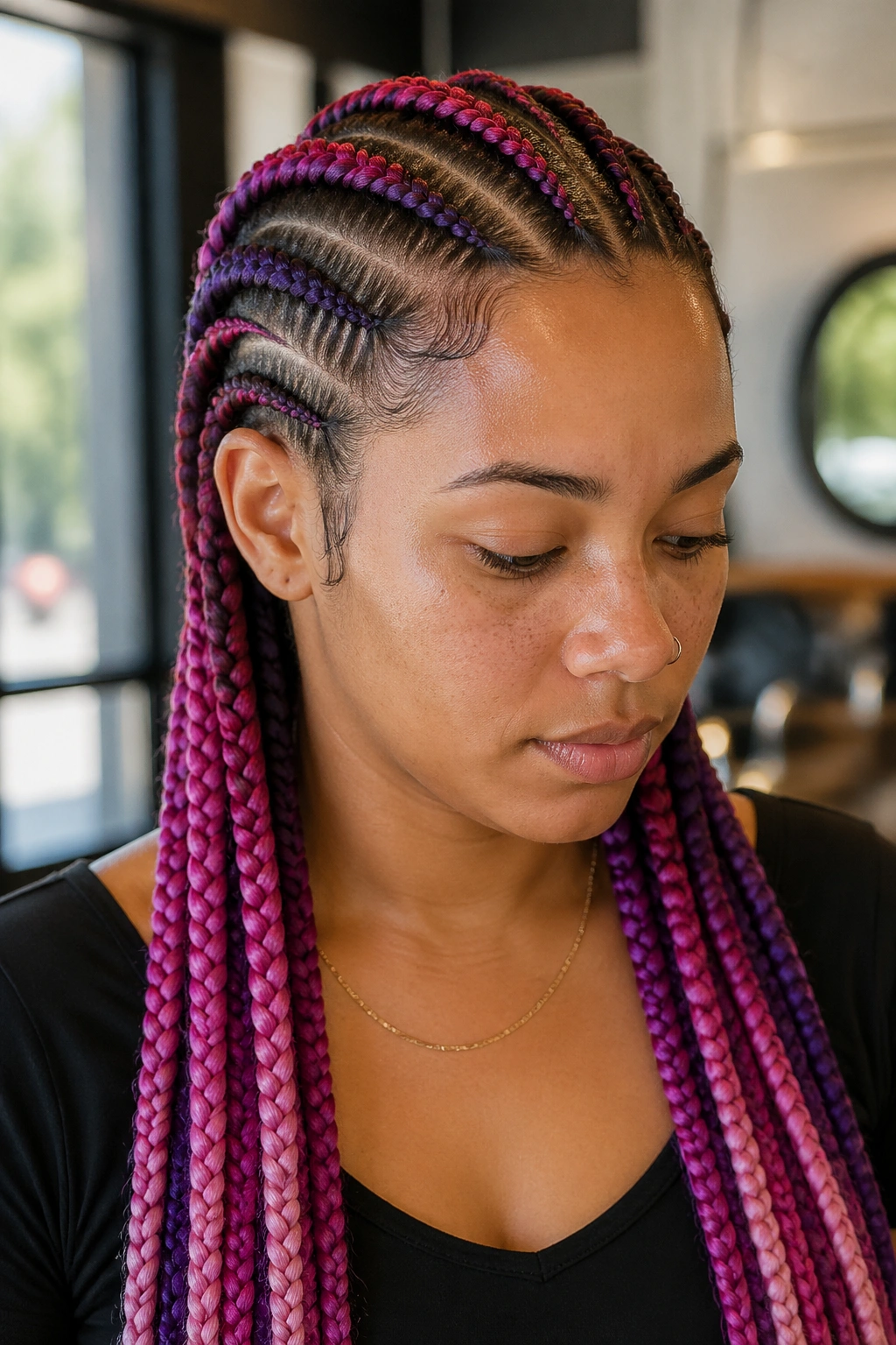 Close-up of real person's cornrows with color extensions from root to tip.