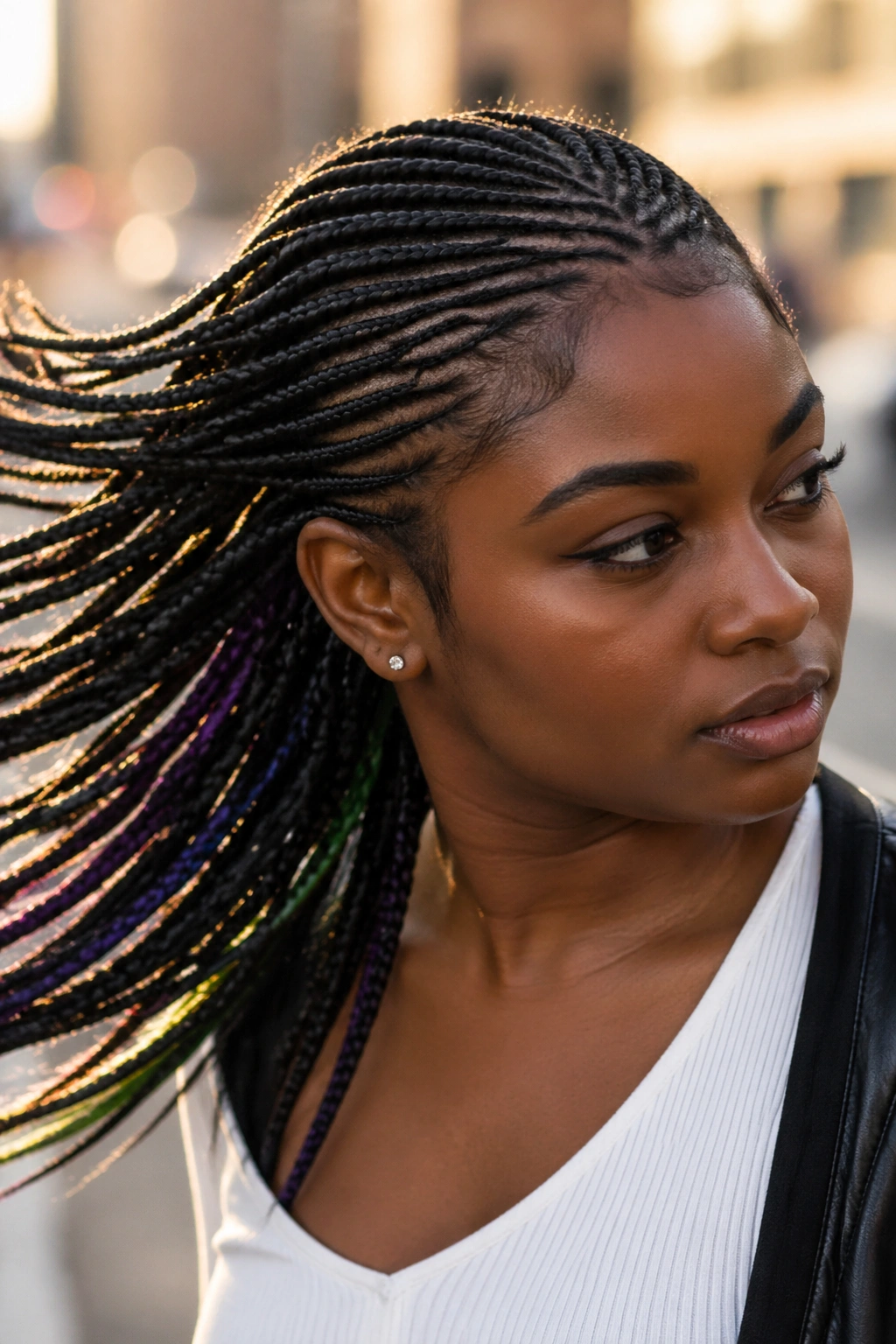 Close-up of a real woman showing hidden color peeking from cornrows during movement