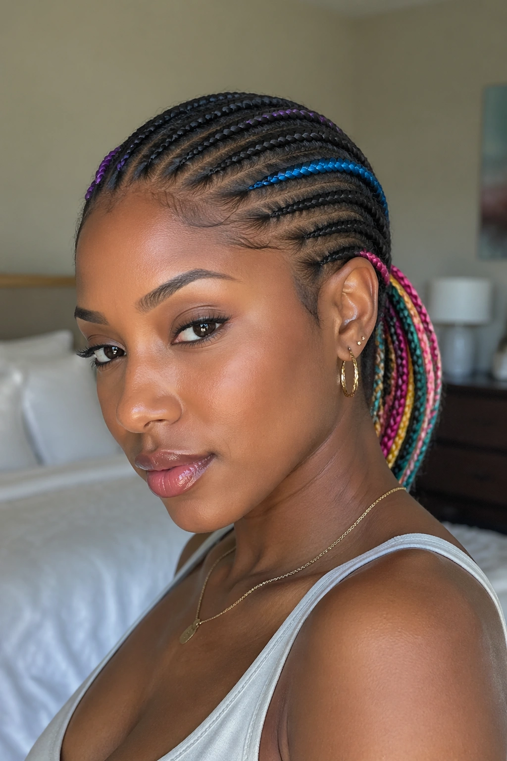 Close-up of a real woman with small color-pop cornrows