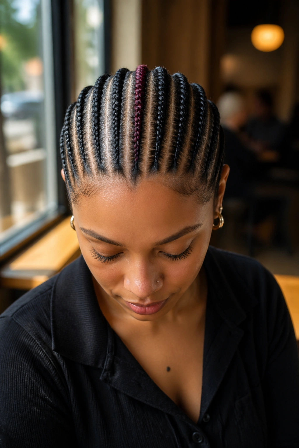 Close-up of straight-back cornrows with a center color streak in burgundy