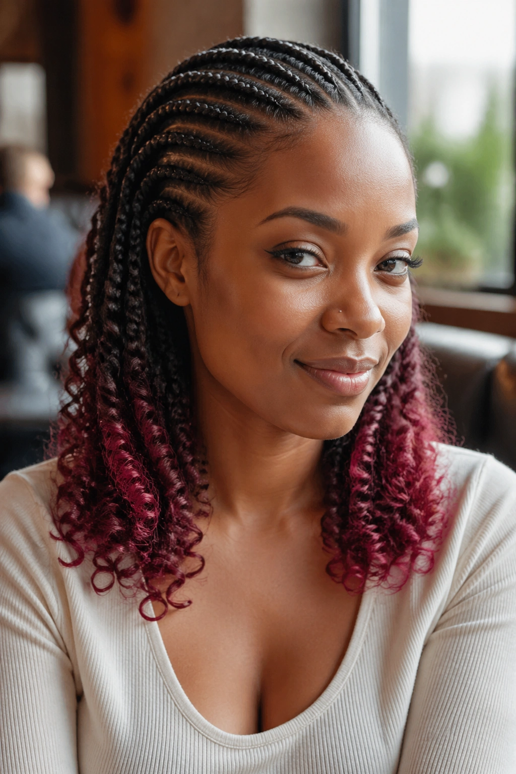 Real person with cornrows ending in colored curls in natural light.