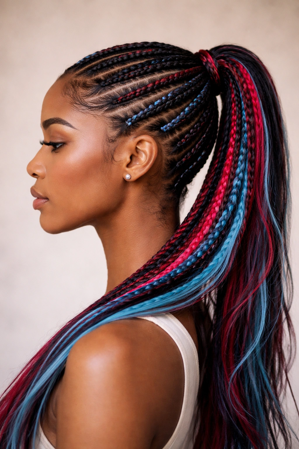 Close-up of cornrows with colored extensions in bold red and blue