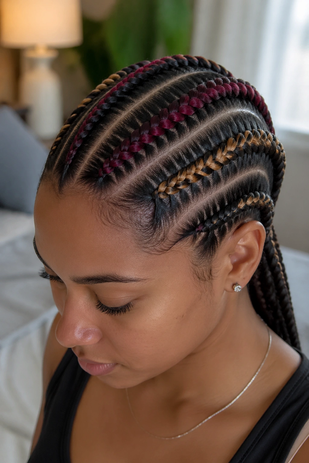 Close-up portrait of a real person with colored streaks in straight-back cornrows.