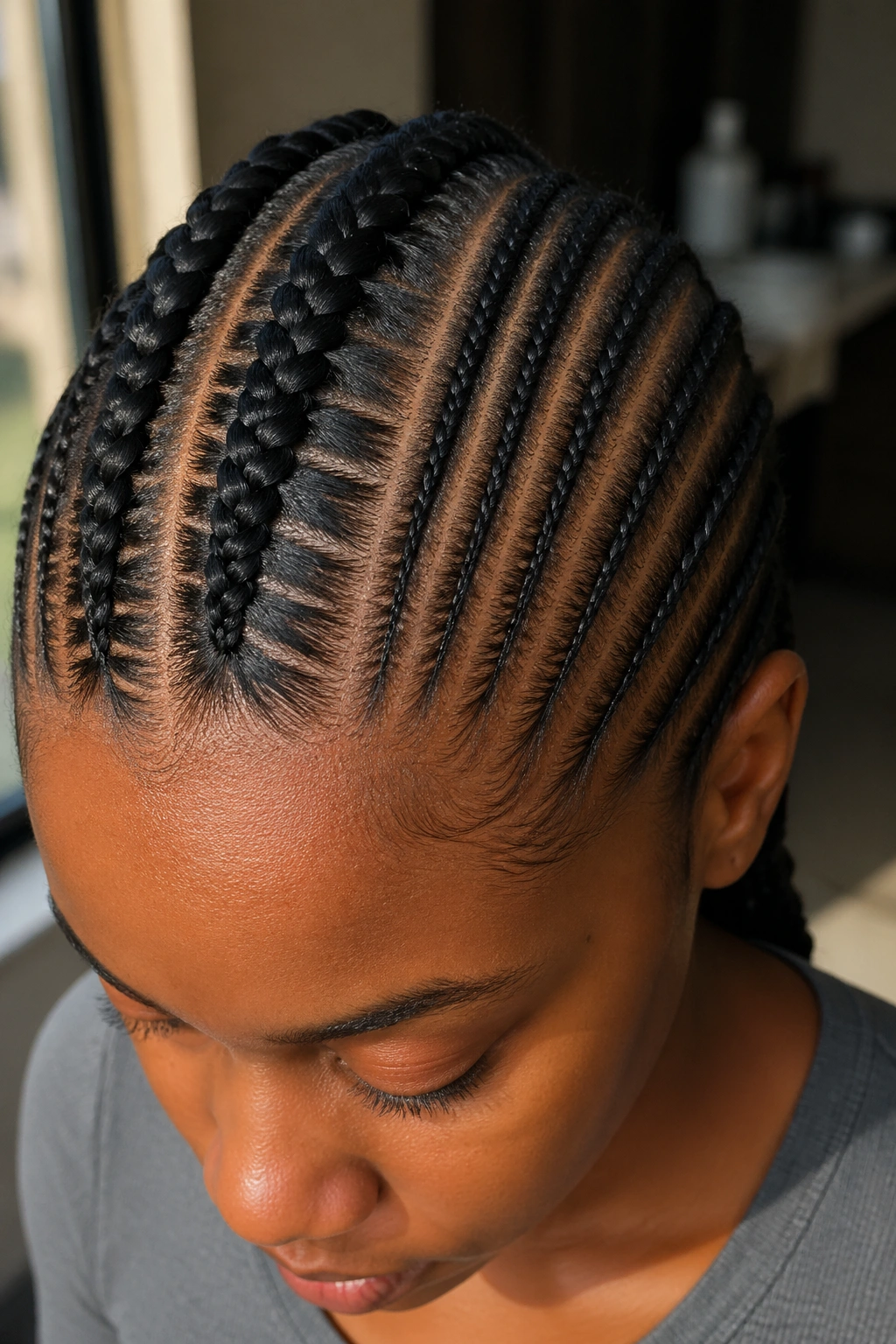 Close-up of real person with French and traditional cornrows side by side on the scalp