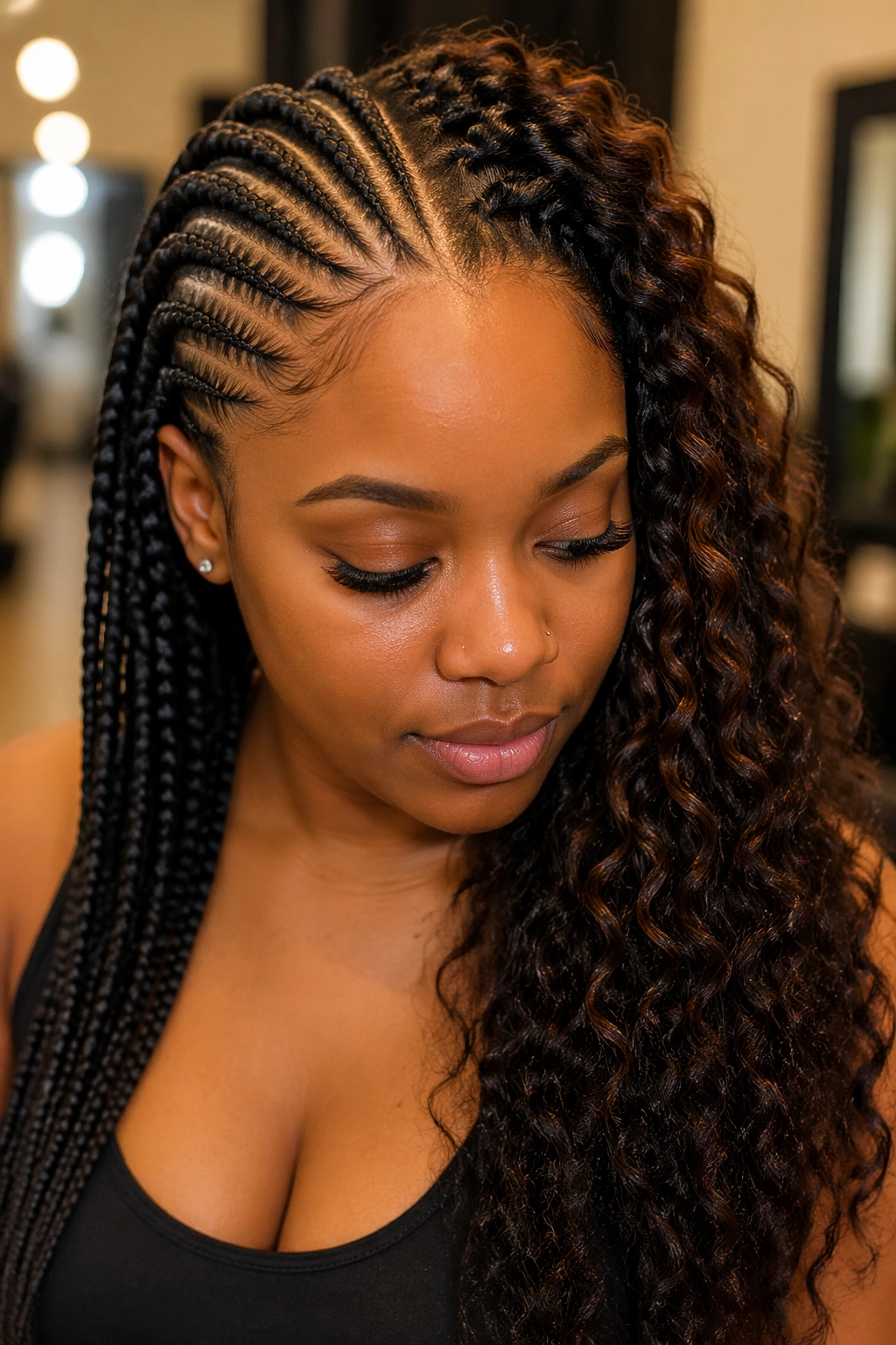 Portrait showing dual textures: standard cornrows and bohemian cornrows with loose curls
