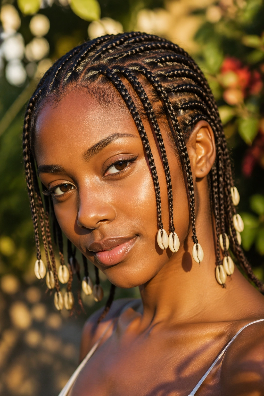 Close-up of small cornrows with cowrie shell tips on a real person
