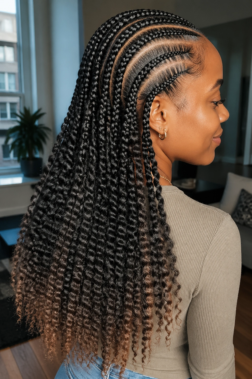 Close-up of a real woman with mid-back length cornrows and crimped ends.