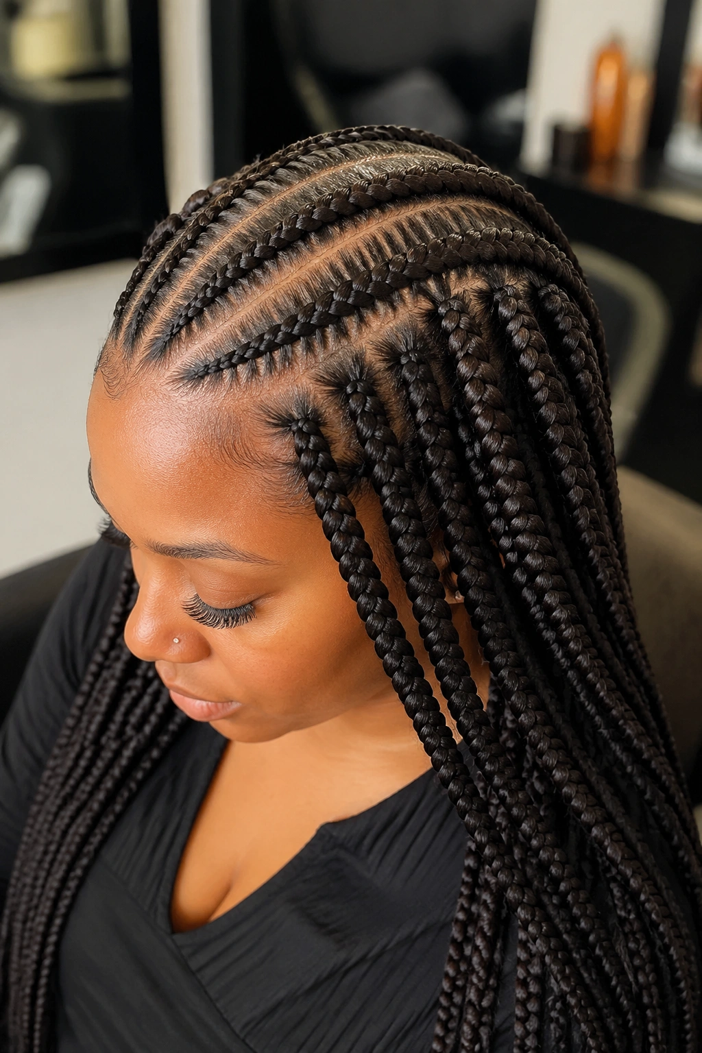 Close-up of cornrows with crochet box braid finish on a real person