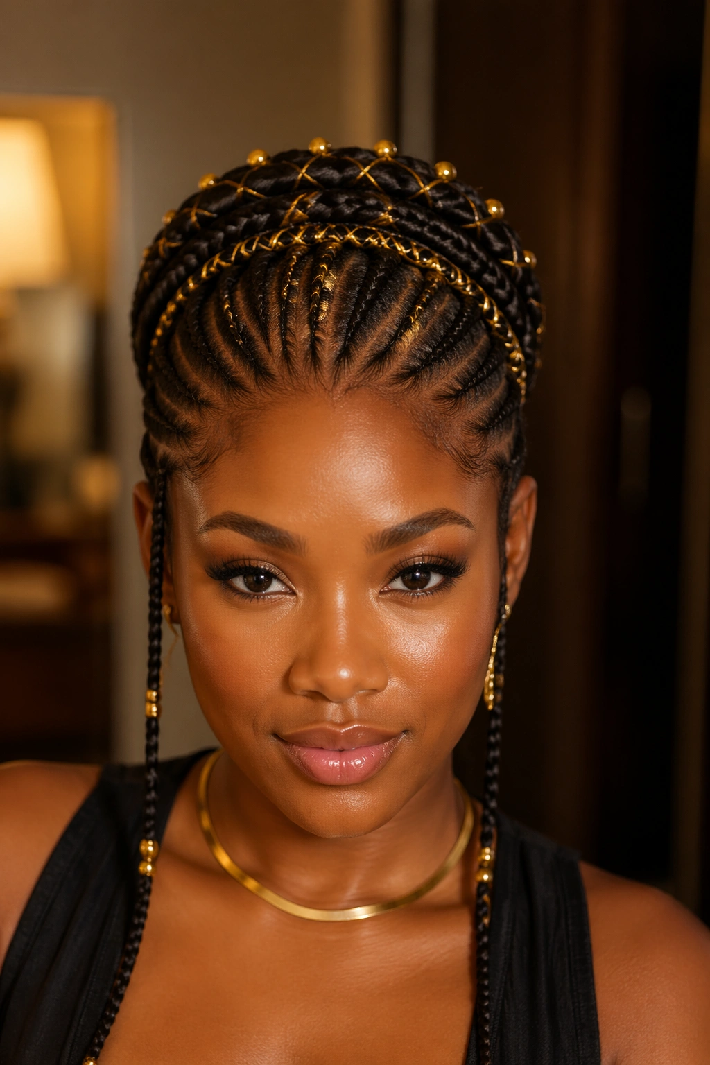 Portrait of a real person with crown-accents cornrow style on top