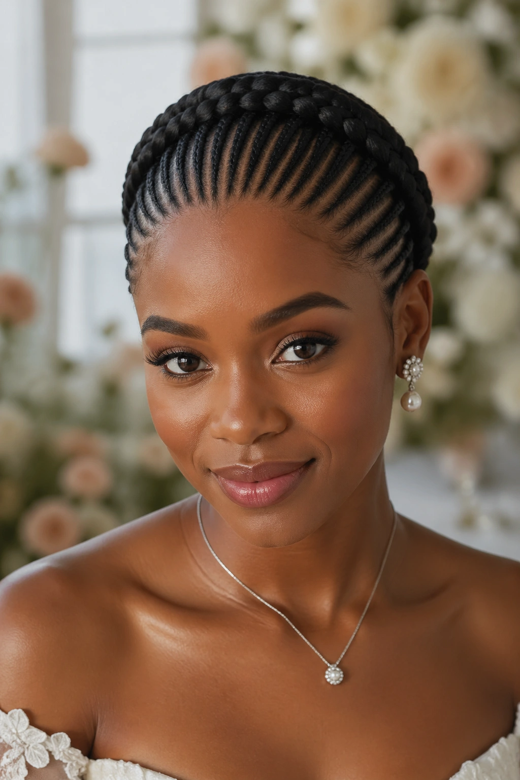 Close-up of a real woman with a halo crown braid among small cornrows