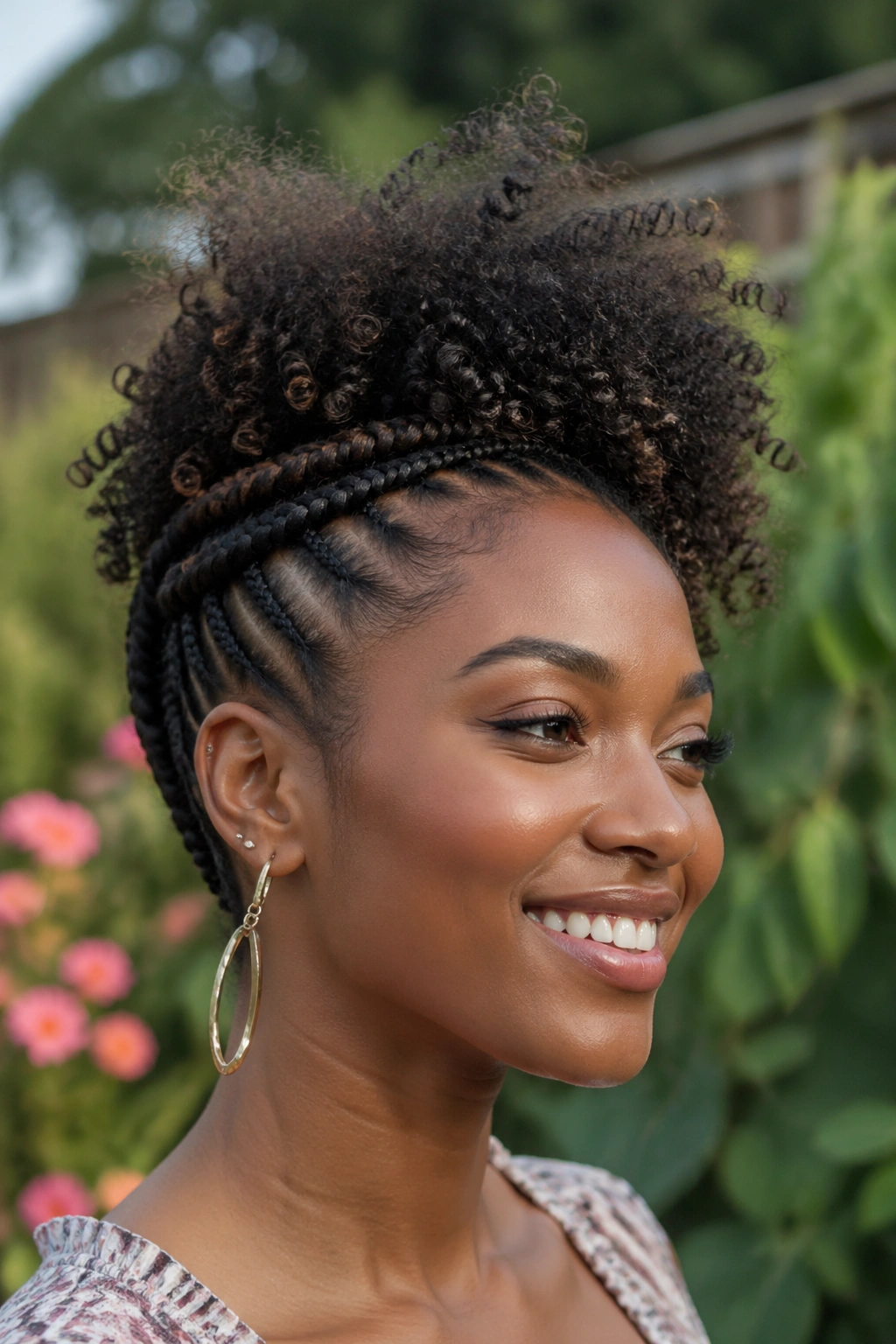 Cornrow crown with loose curly top on real woman in daylight