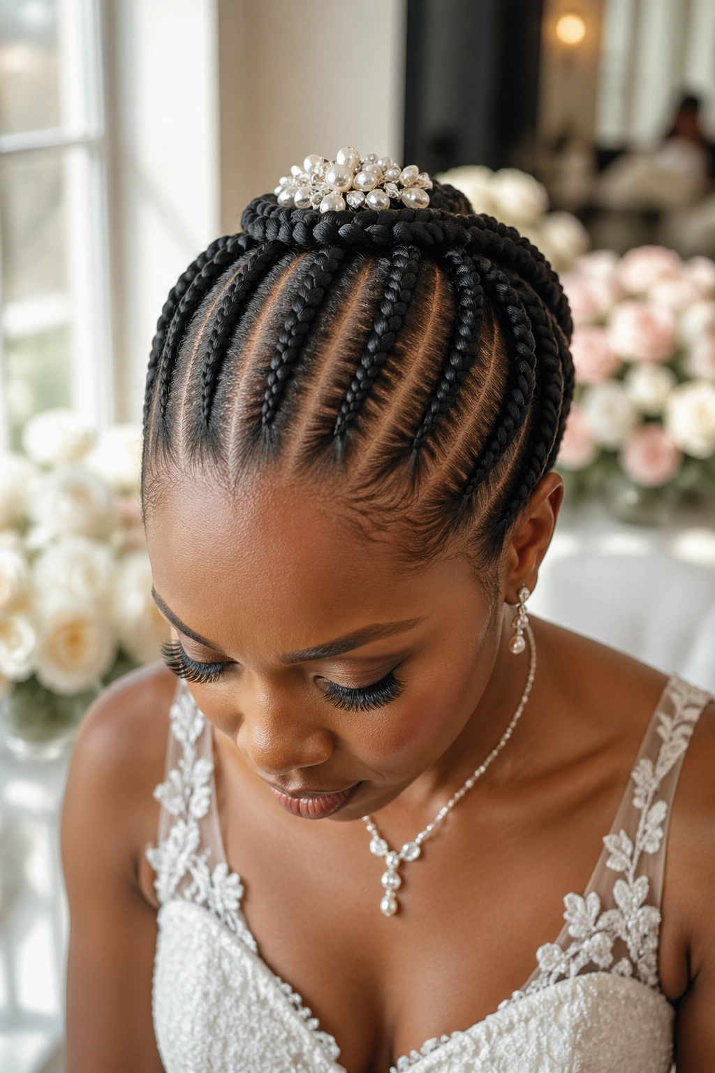 Close-up of a real woman's head with eight cornrows and crown detail in bridal suite