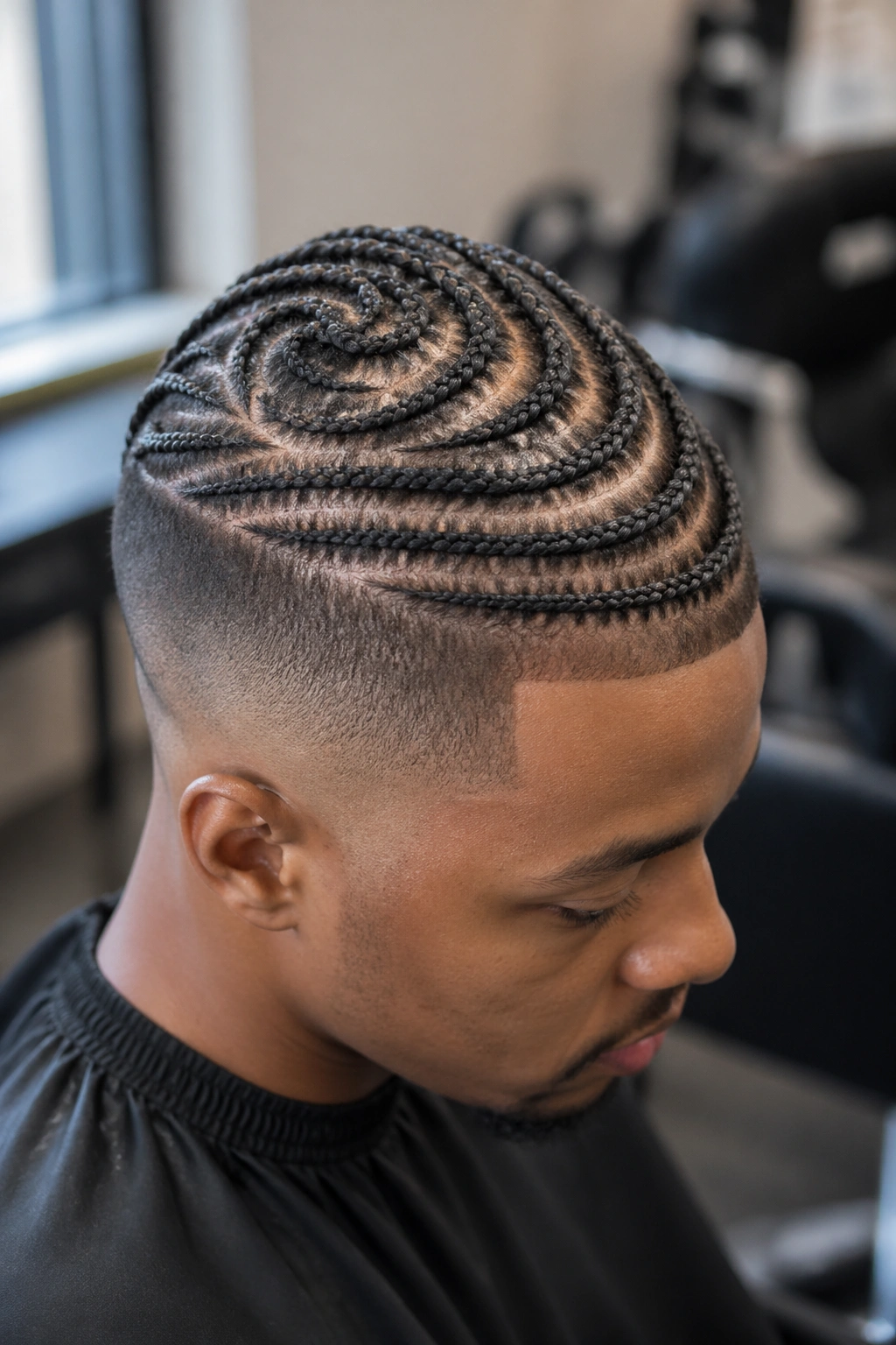Close-up portrait of a real person showing fade and crown swirl cornrows.