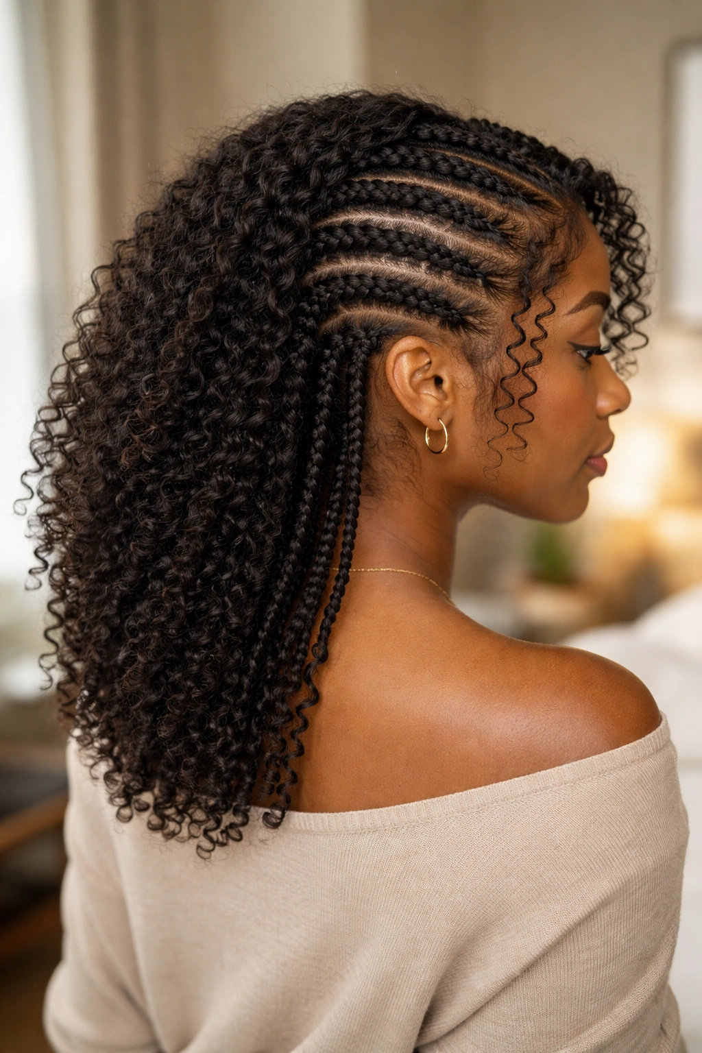 Three-quarter portrait showing back crown cornrows with front natural hair left out