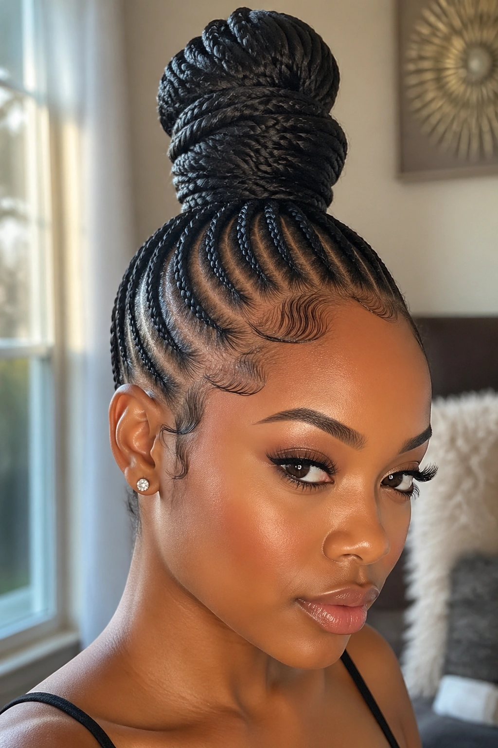 Close-up of a real woman's tall crown knot made from cornrows