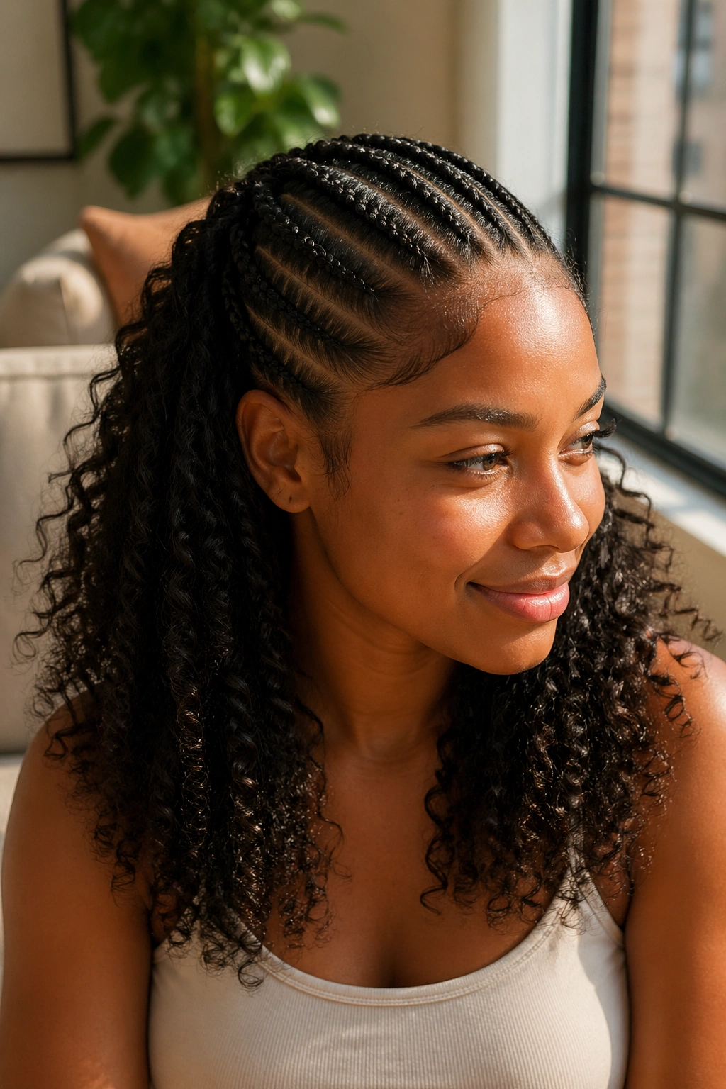 Close-up of a Black woman with top half cornrows and loose curly bottom in warm window light