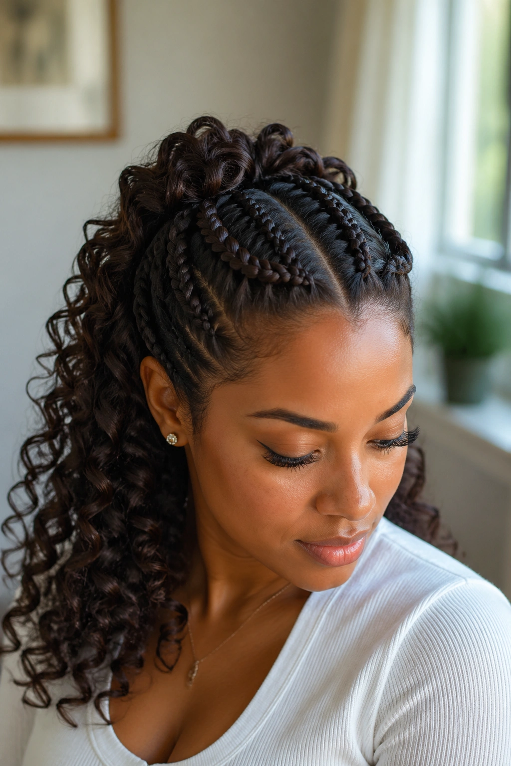 Close-up portrait of a real woman with two crown cornrows and loose curls