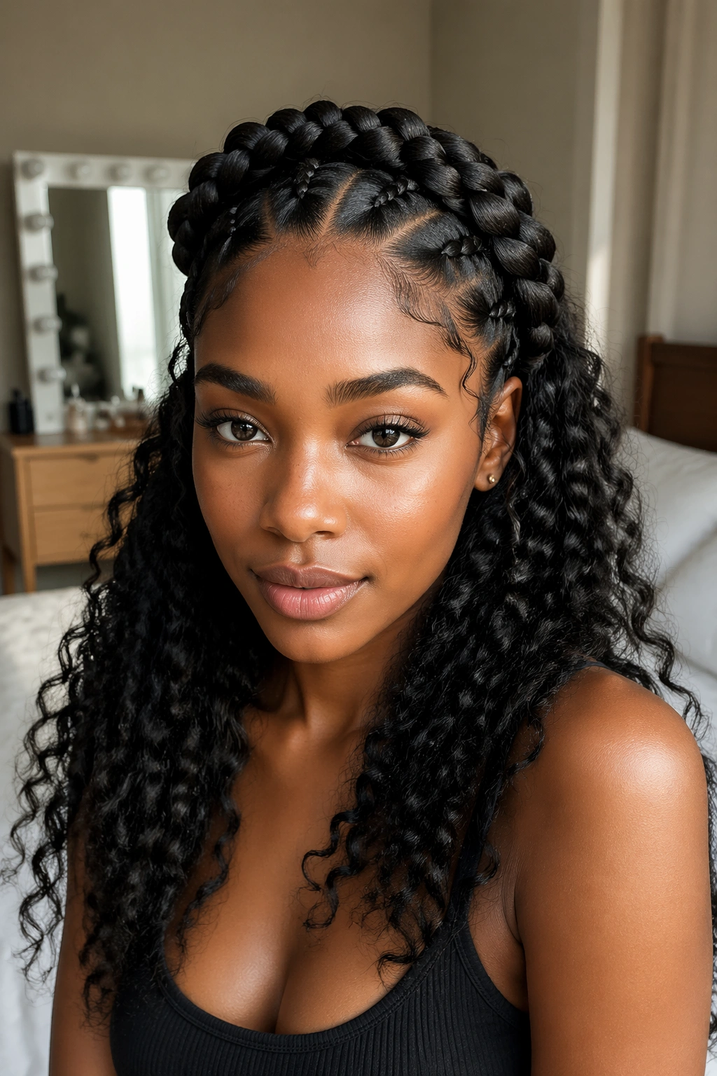 Close-up of a jumbo cornrow crown with loose curls on a real woman in a softly lit bedroom