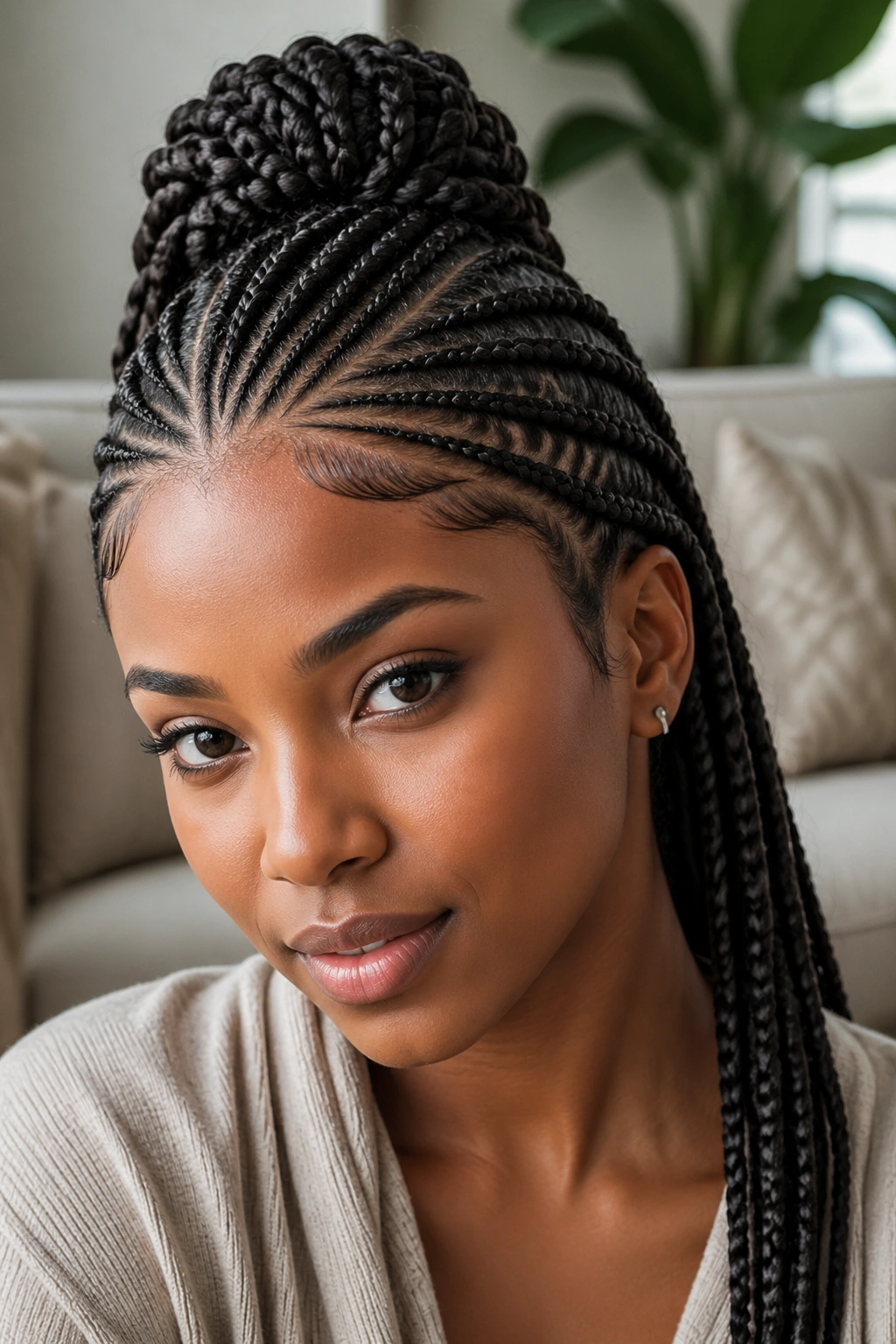 Real person with crown-like cornrows at the crown for round/angled face