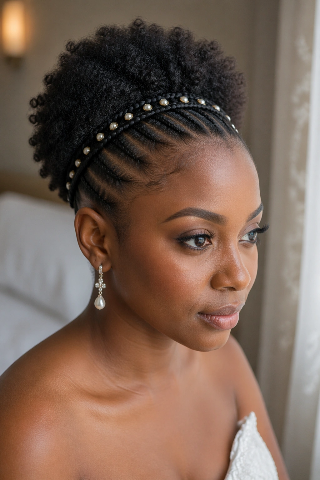 Close-up of a bride's head with cornrow crown and natural center puff
