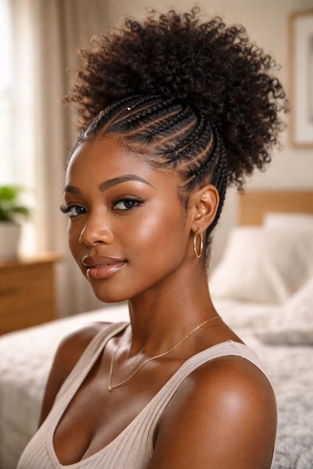 Close-up portrait of a real woman with cornrows framing a pulled-out crown puff in a cozy bedroom.