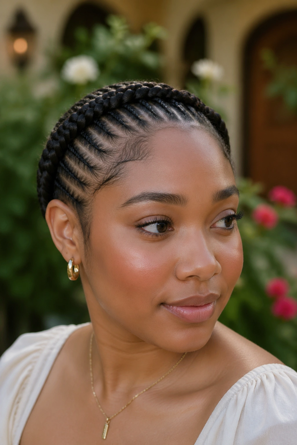 Portrait of cornrows forming a crown wrap across the top of the head