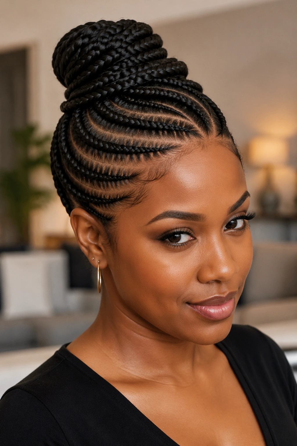 Close-up of crown-wrapped cornrows wrapping into a top bun on a real woman's head