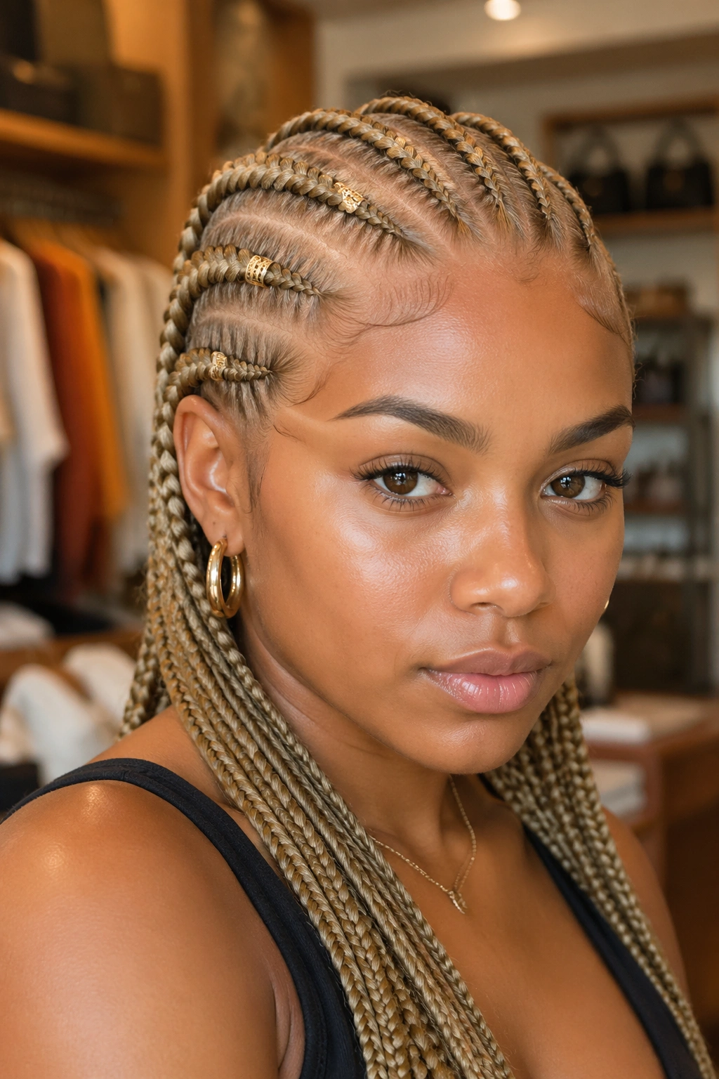 Close-up showing cuffs on stitch cornrows in wheat blonde with a warm boutique background