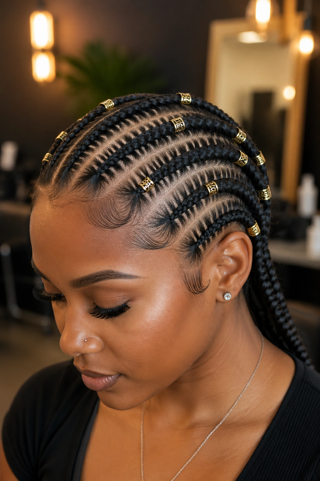 Close-up of needle cornrows adorned with metallic cuffs on a real person