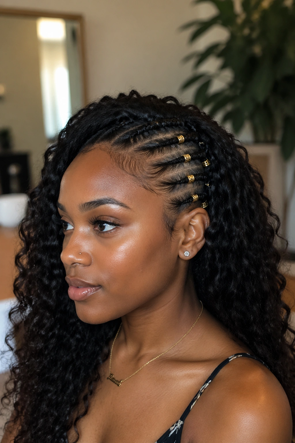 Close-up of half cornrows with metal cuffs on the cornrows.