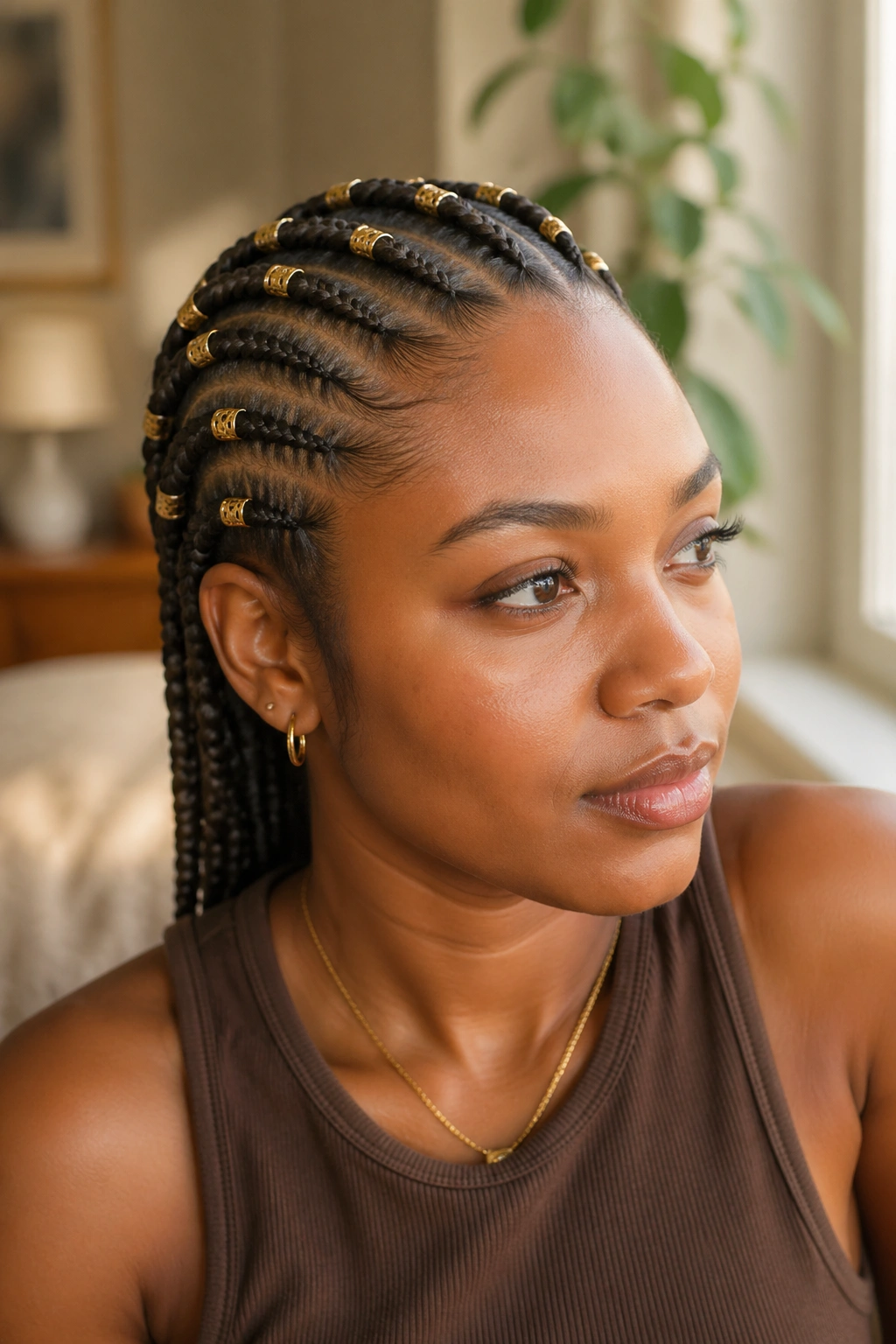 Close-up of eight cornrows with gold cuffs on a real person